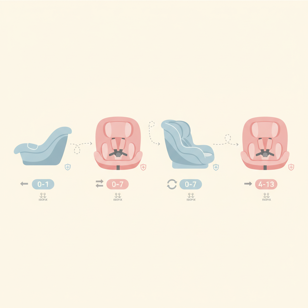 카시트 신생아·영아·유아 단계별 ISOFIX·뒤보기·아이사이즈 매칭 인포그래픽 — babygrade Editorial Team 2026
