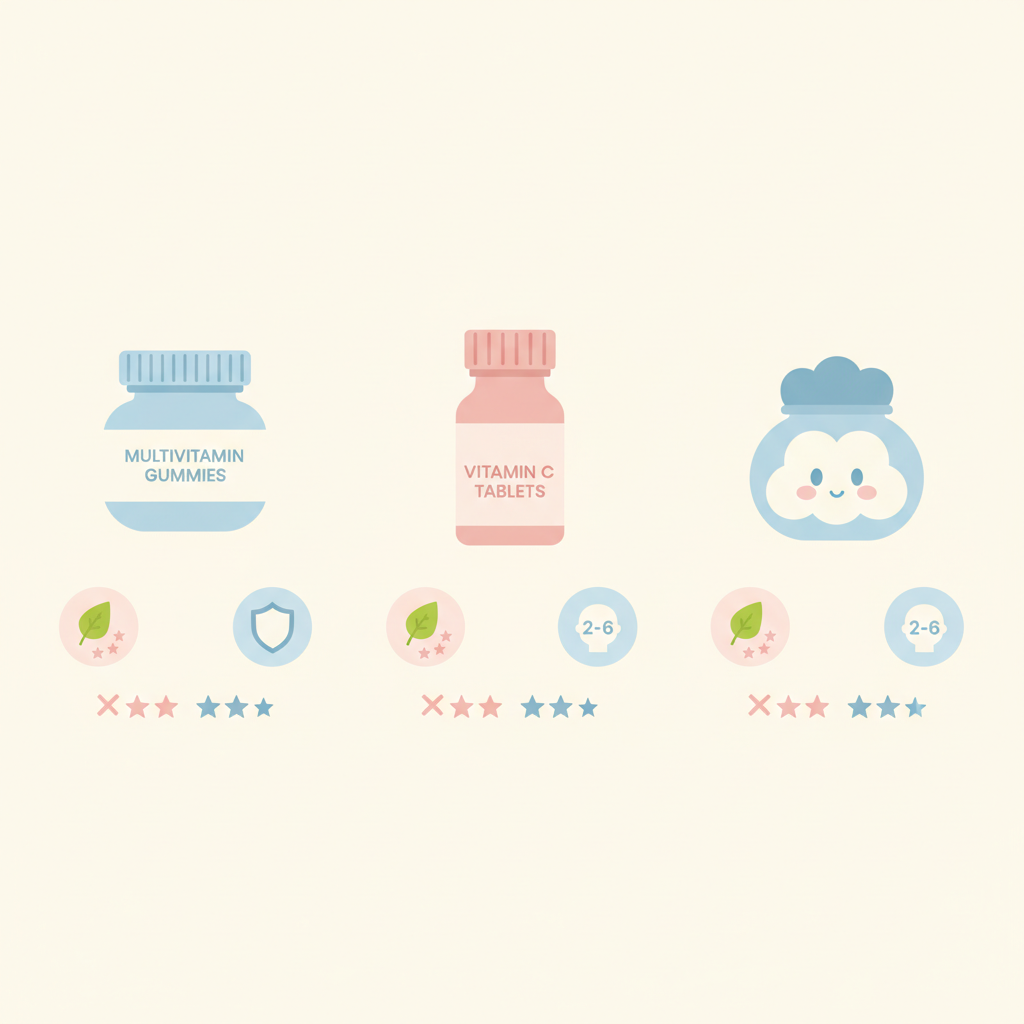 어린이 비타민 비타민D·C·종합 연령별 권장 섭취량 비교 인포그래픽 — babygrade Editorial Team 2026