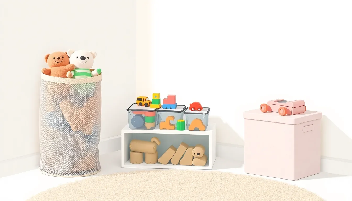 장난감 정리함 3가지 구조 비교 일러스트 — 메쉬 바구니·투명 정리백·뚜껑형 박스